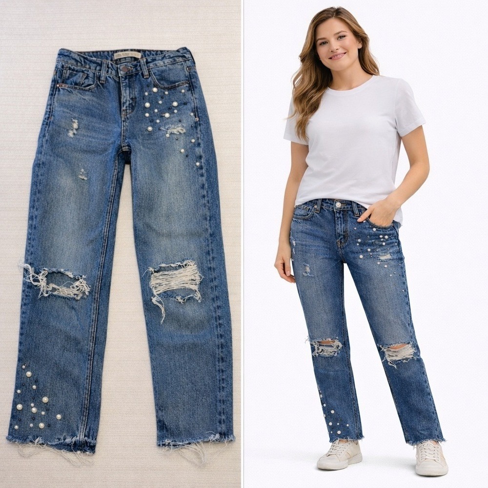 Zara Basic Z1975 Distressed Pearl Embellished Straight Leg Jeans Blue‎ Womens 00
